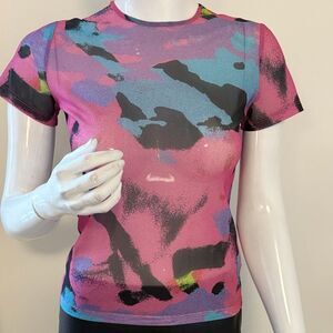 Miaou Pink Blue & Black Abstract Printed Short Sleeve Semi Sheer Mesh Top